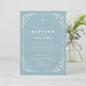 Classic Dusty Blue Dainty Floral Frame Baptism 招待状 (スタンド正面)