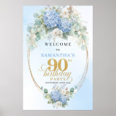 Classic Dusty Blue Floral 90th Birthday Welcome ポスター (正面)