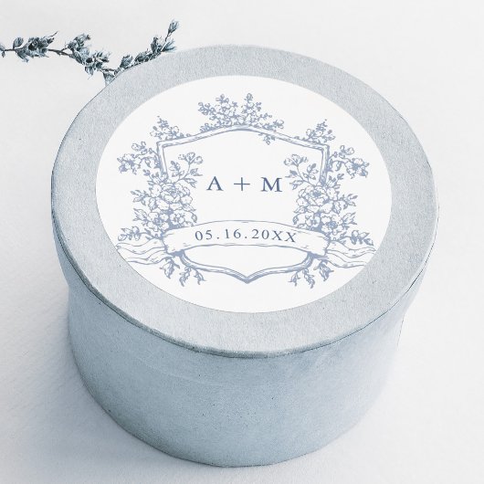Classic Dusty Blue Floral Crest Monograms ラウンドシール