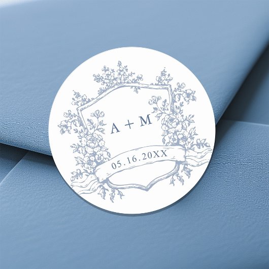 Classic Dusty Blue Floral Crest Monograms ラウンドシール