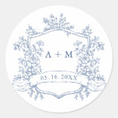 Classic Dusty Blue Floral Crest Monograms ラウンドシール (正面)