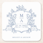 Classic Dusty Blue Floral Crest Monograms Wedding  スクエアペーパーコースター (正面)