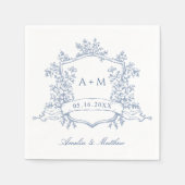 Classic Dusty Blue Floral Crest Monograms Wedding スタンダードカクテルナプキン (正面)