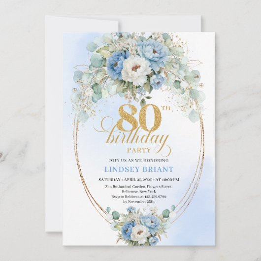 Classic Dusty Blue Floral Greenery 80th Birthday  招待状 (正面)