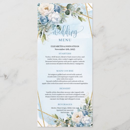 Classic Dusty Blue Floral Greenery Wedding Menu メニュー (正面)