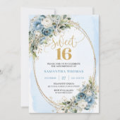 Classic Dusty Blue Floral Sweet 16th Birthday  招待状 (正面)