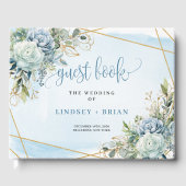Classic Dusty Blue Flowers Gold Wedding Guest Book ゲストブック (正面)