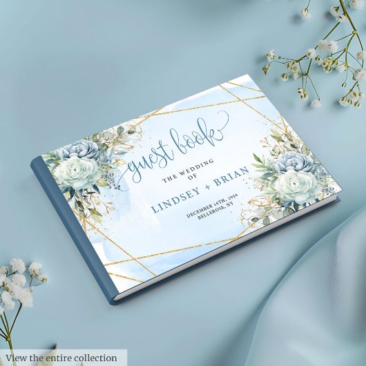 Classic Dusty Blue Flowers Gold Wedding Guest Book ゲストブック