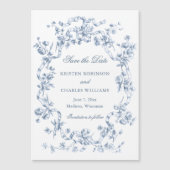Classic Dusty Blue Flowers & Ribbons Save the Date マグネット招待状 (正面)