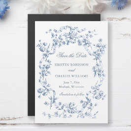 Classic Dusty Blue Flowers & Ribbons Save the Date マグネット招待状