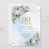 Classic Dusty Blue Gold Frame 90th Birthday Invite 招待状 (正面)