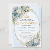 Classic Dusty Blue Gold Greenery Quince Invitation 招待状 (正面)