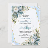 Classic Dusty Blue Gold Peonies Wedding Invitation 招待状 (正面)