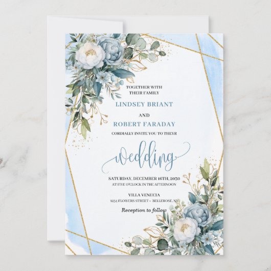 Classic Dusty Blue Gold Peonies Wedding Invitation 招待状 (正面)