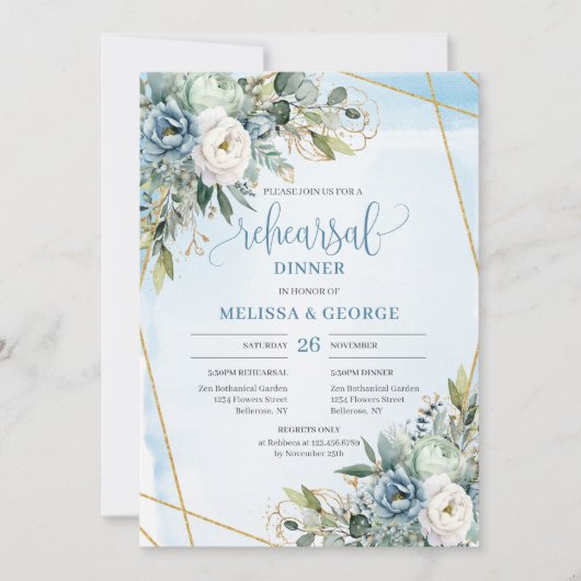 Classic Dusty Blue Greenery Gold Frame Rehearsal   招待状 (正面)