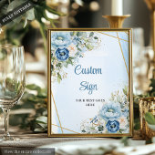 Classic Dusty Blue Greenery Gold Frame Wedding ポスター