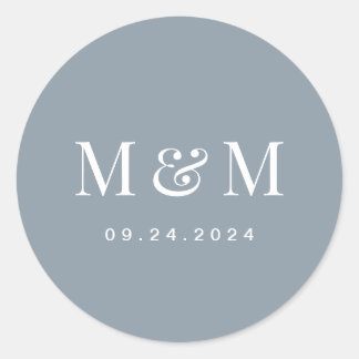 Classic Dusty Blue Monogram Typography Wedding ラウンドシール