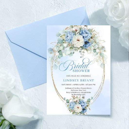 Classic Dusty Blue Peony Gold Bridal Shower Invite 招待状