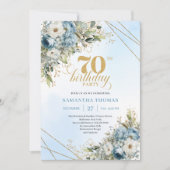 Classic dusty blue watercolor florals 70 birthday 招待状 (正面)