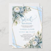 Classic dusty blue white floral sweet 16 invites 招待状 (正面)
