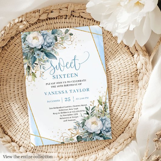 Classic dusty blue white floral sweet 16 invites 招待状