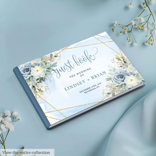 Classic Dusty Blue White Gold Flowers Guest Book ゲストブック