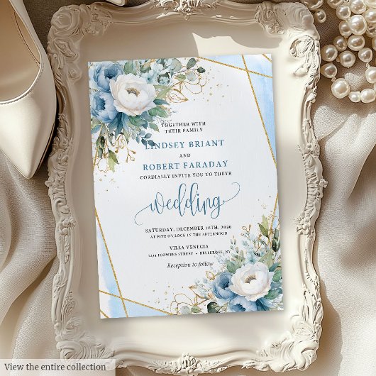 Classic Dusty Blue White Gold Flowers Invitation 招待状
