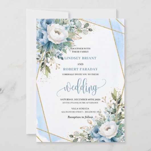 Classic Dusty Blue White Gold Flowers Invitation 招待状 (正面)