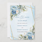 Classic Dusty Blue White Gold Peony Save The Date 招待状 (正面)