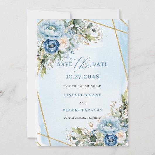 Classic Dusty Blue White Gold Peony Save The Date 招待状 (正面)
