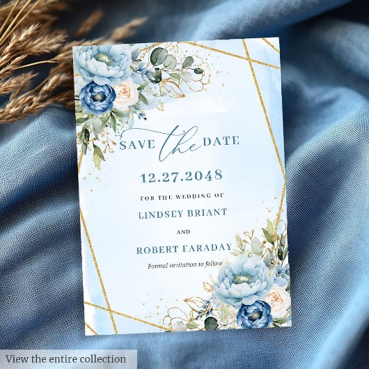 Classic Dusty Blue White Gold Peony Save The Date 招待状