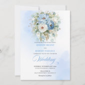 Classic Dusty Blue White Peony Botanical Wedding  招待状 (正面)