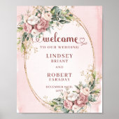 Classic Dusty Pink Flowers Gold Welcome Sign ポスター (正面)