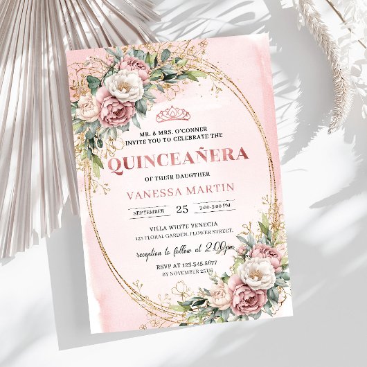 Classic Dusty Pink Flowers Greenery Quinceanera 招待状
