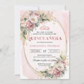 Classic Dusty Pink Flowers Greenery Quinceanera 招待状 (正面)