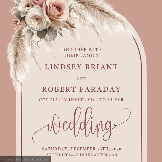 Classic Dusty Pink Pampas Floral Wedding Invites 招待状