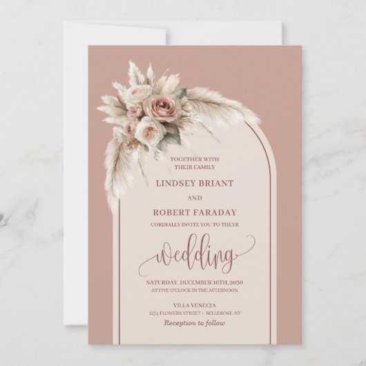 Classic Dusty Pink Pampas Floral Wedding Invites 招待状 (正面)