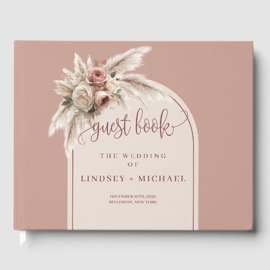 Classic Dusty Pink Pampas Grass Wedding Guest Book ゲストブック (正面)