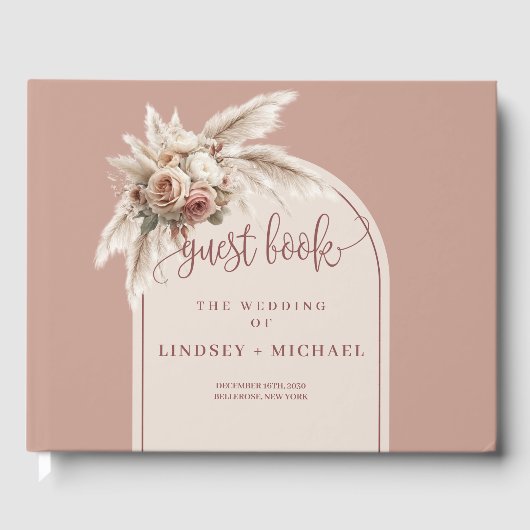 Classic dusty pink roses pampas wedding guest book ゲストブック (正面)