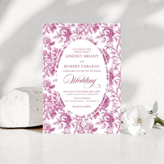 Classic Dusty Pink Toile Floral Wedding Invitation 招待状