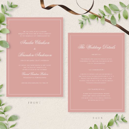 Classic Dusty Rose Border Script Wedding Details & 招待状