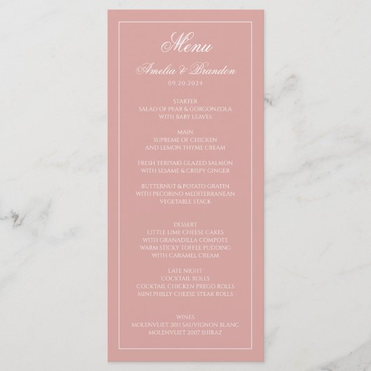 Classic Dusty Rose & White Border Script Wedding メニュー (正面)