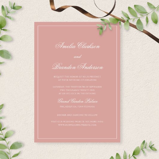 Classic Dusty Rose & White Border Script Wedding 招待状