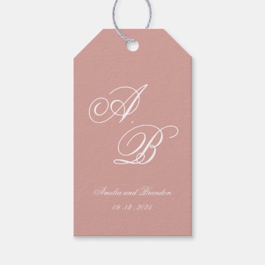 Classic Dusty Rose & White Monogram Script Wedding ギフトタグ (正面)