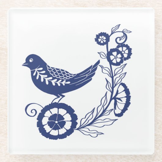 Classic Dutch Blue Delft Tile Bird Design ガラスコースター (正面)