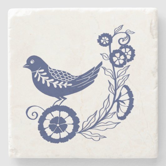 Classic Dutch Blue Delft Tile Bird Design ストーンコースター (正面)