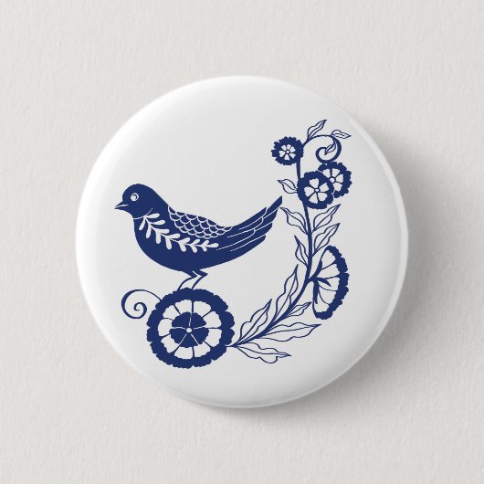 Classic Dutch Blue Delft Tile Bird Design 缶バッジ (正面)