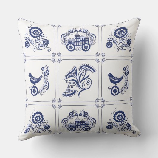 Classic Dutch Blue Delft Tile Floral & Bird クッション (裏面)
