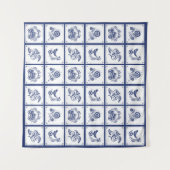 Classic Dutch Blue Delft Tile Floral & Bird タペストリー (正面(横))