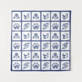 Classic Dutch Blue Delft Tile Floral & Bird タペストリー